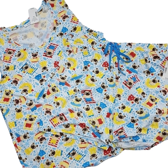 Ricki's Women's 2 Piece Pug PJ Soft Sleeveless Top & Short Blue Yellow Set Sz XL - Picture 1 of 16